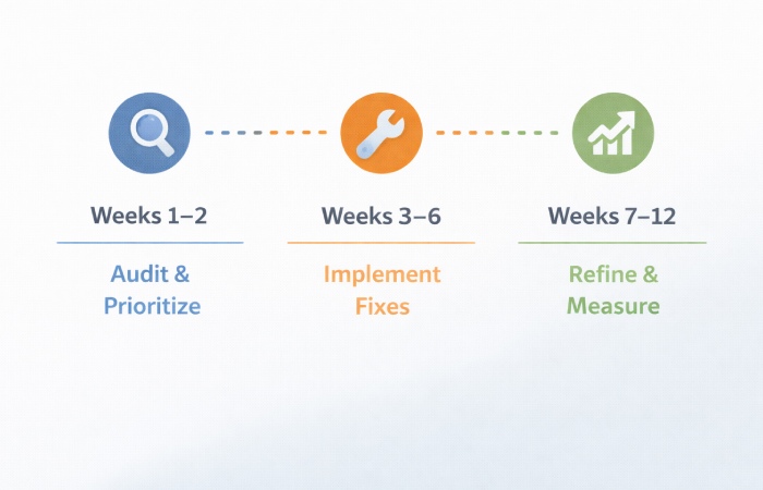 Timeline graphic showing a 30–90 day plan to improve mobile-friendliness, from audit to implementation and refinement.