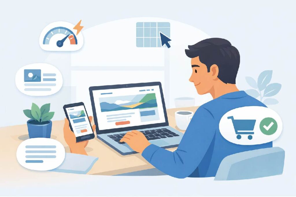 Mobile-Friendly Websites: A Practical Strategy Guide Illustration of a person viewing a website on a phone and laptop with icons for speed, UX, content, and conversions, representing a mobile-friendly strategy.