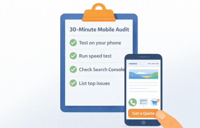 Checklist graphic outlining a 30-minute mobile website audit, including self-testing and basic tool checks.