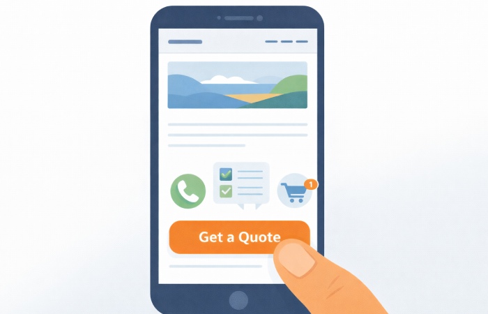 Illustration of a mobile screen with a prominent call-to-action button and icons for calls, forms, and purchases.