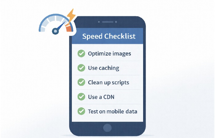 Checklist graphic highlighting quick wins for mobile website speed, such as image optimization, caching, and script cleanup.