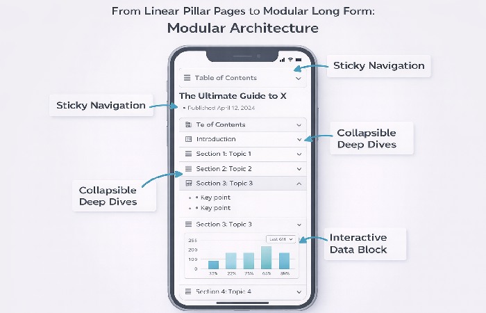 A mobile UX wireframe demonstrating a modular content layout with collapsible sections and sticky navigation for better readability.