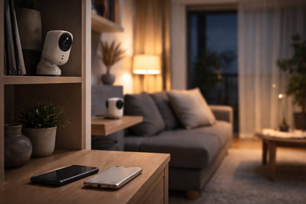 Renter-friendly home security setup with wireless cameras in a modern apartment