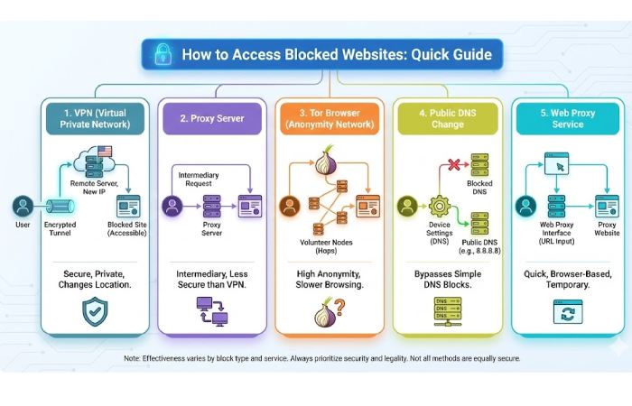 ow to Access Blocked Websites_ Quick Guide,_ detailing five methods_ VPN, Proxy Server, Tor Browser, Public DNS Change, and Web Proxy Service, with diagrams and descriptions for each.