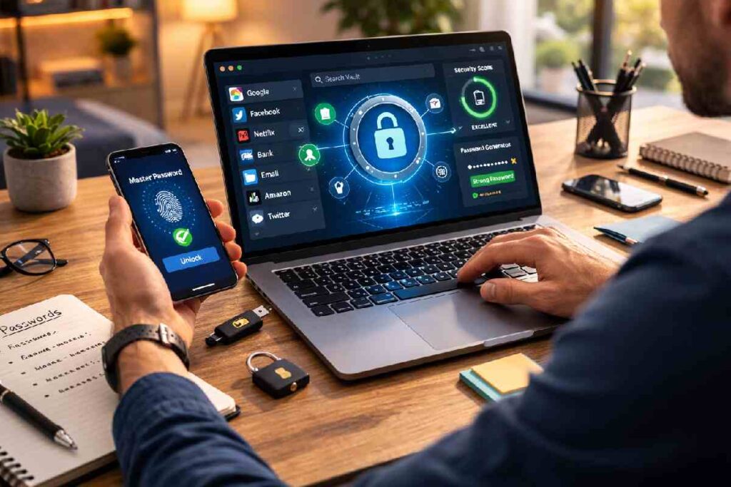 Person using a password manager on a laptop in a secure home workspace