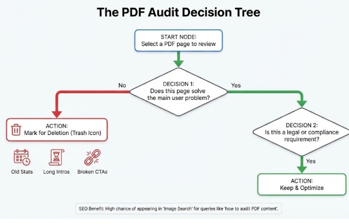 A flowchart guide for auditing PDF content: deciding which pages to keep, update, or delete based on user value and legal needs.