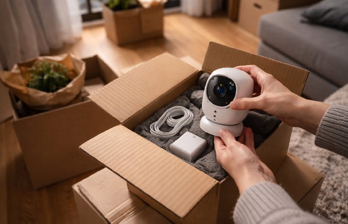 Portable wireless home security system being removed in rental apartment