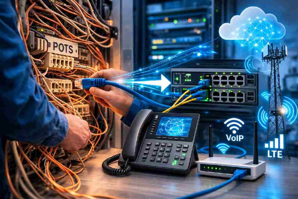 Technician upgrading legacy copper telephone lines to modern digital network infrastructure