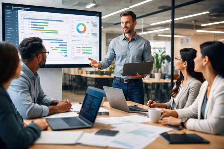 project manager leading team with digital tools and dashboards