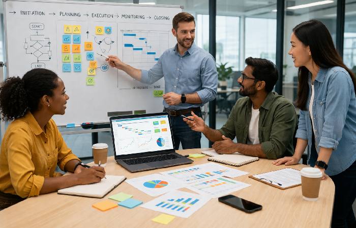 team working on project phases planning and execution