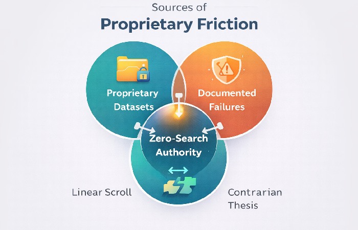 A diagram illustrating the three main sources of proprietary friction: proprietary datasets, documented failures, and contrarian theses.