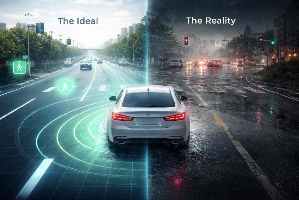 A split-screen illustration comparing an idealized digital driving environment with the reality of driving in poor weather conditions with imperfect infrastructure.