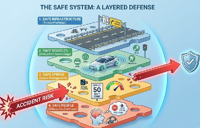 An infographic showing the Safe System approach, combining infrastructure, technology, speed management, and driver education to prevent crashes.