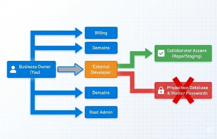 Flowchart demonstrating secure onboarding by granting developers limited collaborator roles rather than root access.