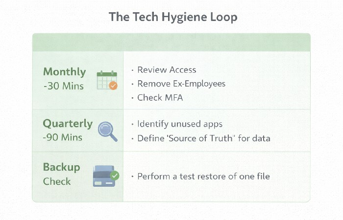 A scheduled checklist for small business IT hygiene covering monthly access reviews and quarterly tool audits.
