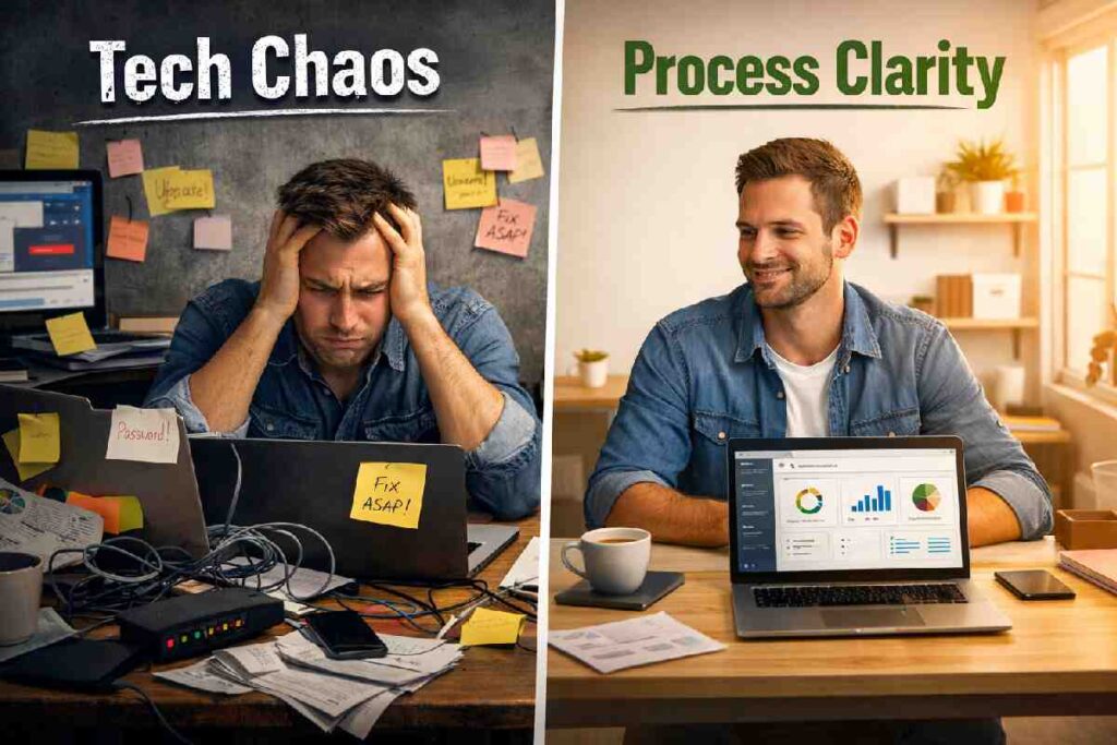 A comparison showing a stressed business owner with disorganized tech versus a calm owner with streamlined processes.