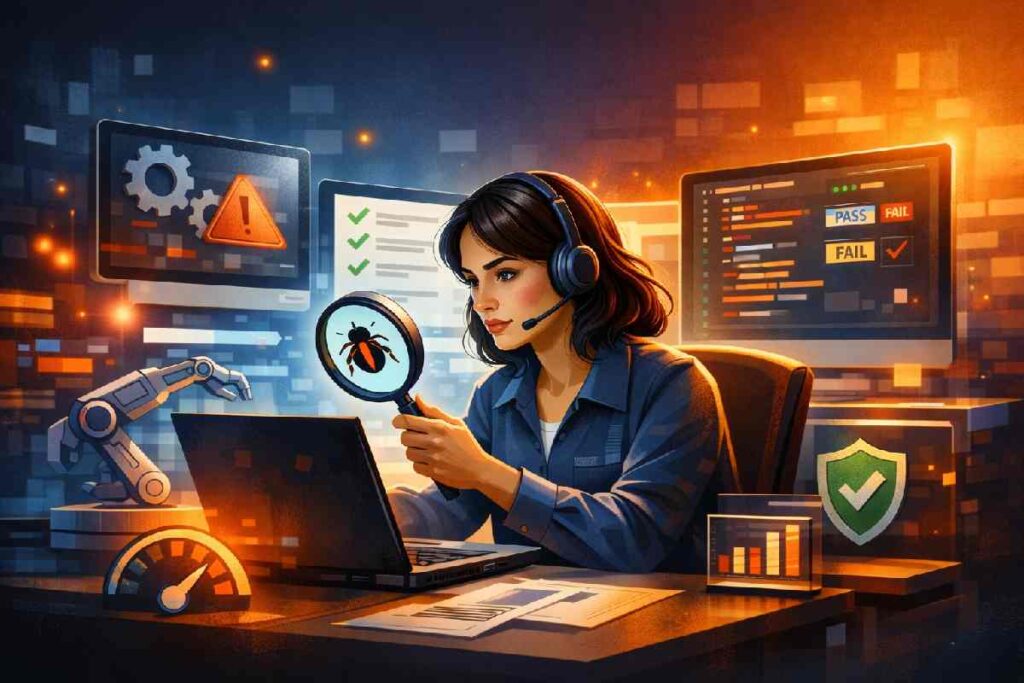 Software Quality Assurance Engineer inspecting software code to identify bugs and ensure quality