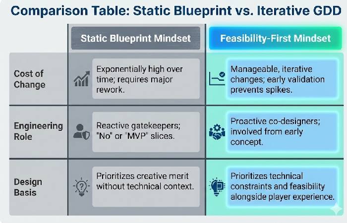  A comparison table showing the differences between traditional static GDDs and the modern feasibility-first approach in game development.