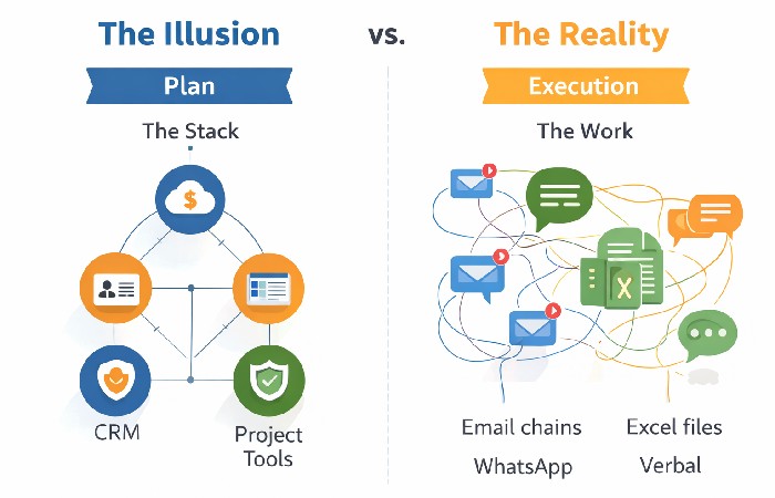 An infographic comparing a modern software stack against the reality of messy manual workflows like email and spreadsheets.