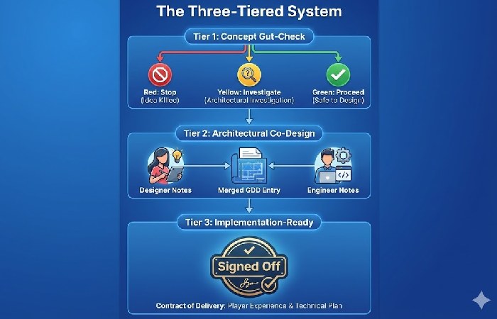  A flowchart illustrating the three-tier feasibility system for game design, from initial concept assessment to implementation sign-off.