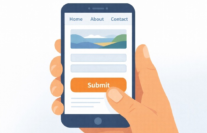 Illustration of a hand using a smartphone with large buttons and simple navigation, showing thumb-friendly mobile UX.