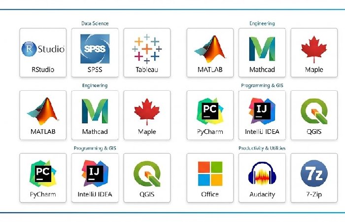 Grid of popular software icons available on UFApps including MATLAB, SPSS, ArcGIS, and SAS.