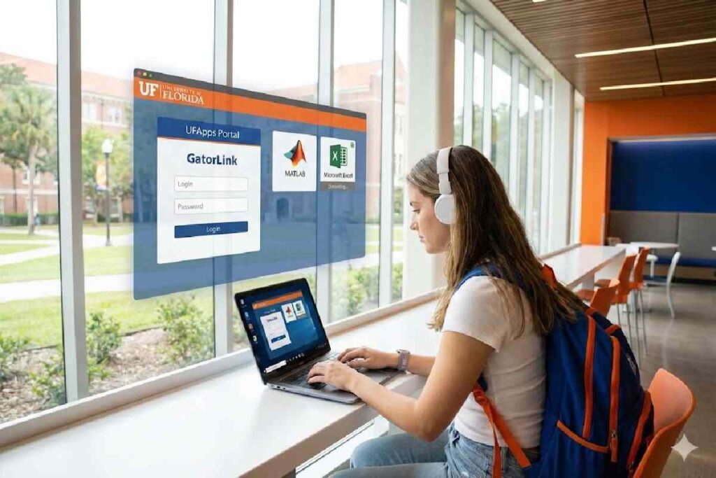 A student using a laptop in a cafe to access UFApps virtual software like MATLAB and SPSS.
