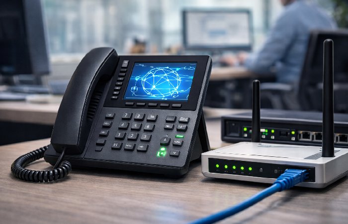 Modern VoIP desk phone connected to office network
