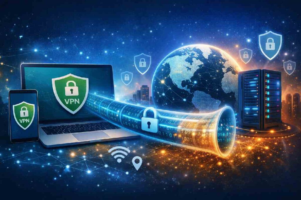 Secure VPN connection encrypting internet traffic across devices