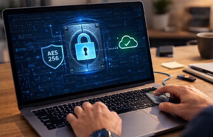 Encrypted digital vault displayed on a laptop representing zero-knowledge security