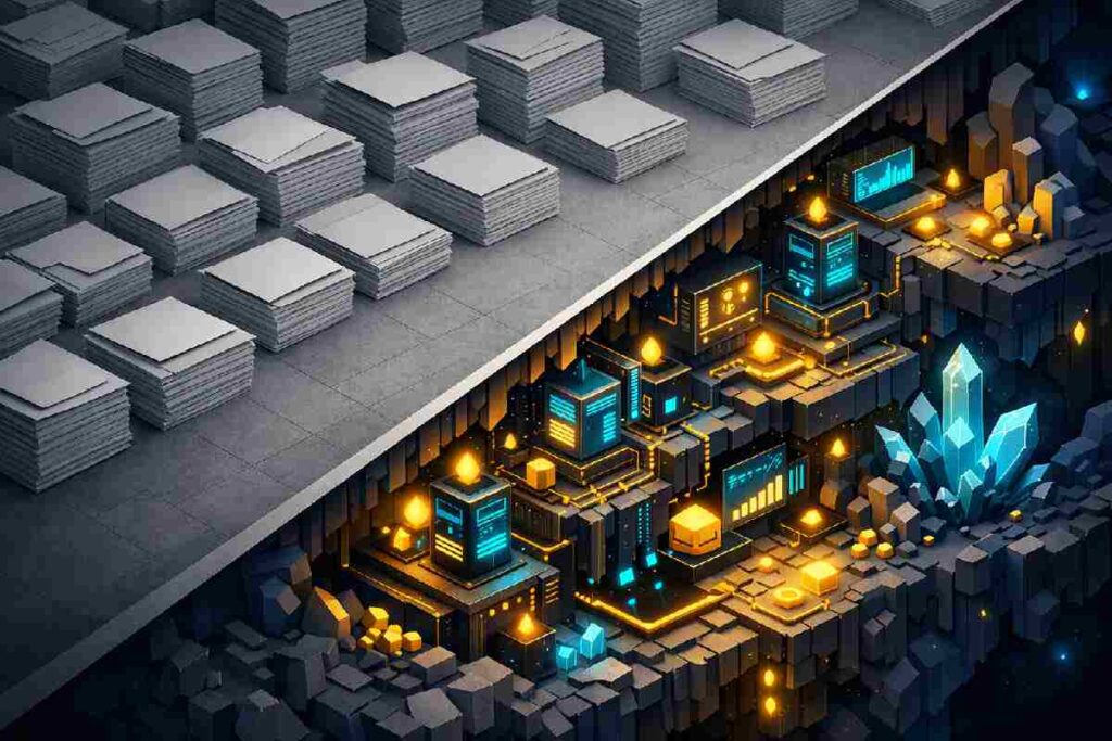 A conceptual illustration contrasting generic high-volume content with the deep, valuable insights found in Zero-Search Authority strategies.