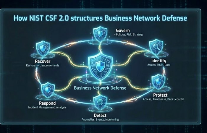A diagram of the NIST CSF 2.0 framework for Business Network Defense, with six interconnected functions_ Govern, Identify, Protect, Detect, Respond, and Recover, around a central shield.