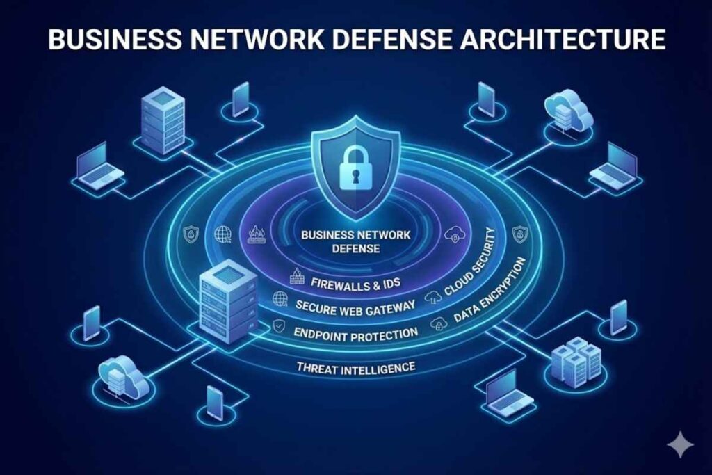Isometric diagram of Business Network Defense Architecture showing layered security measures and connected devices.