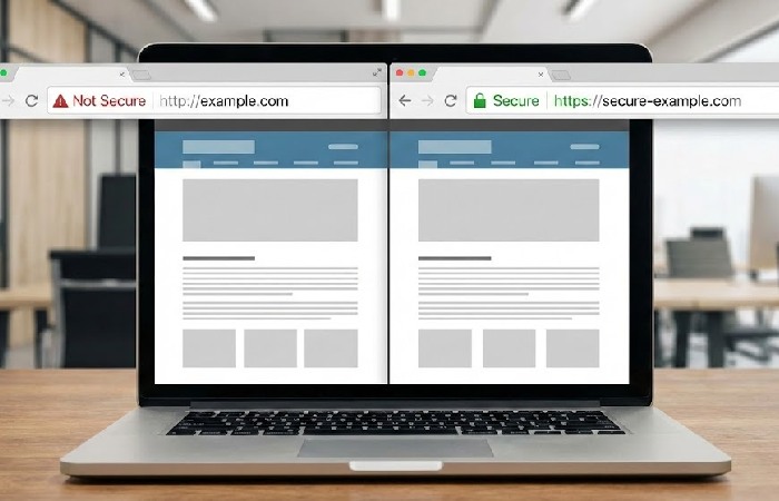 Laptop screen showing two browsers_ the left shows an insecure HTTP URL with a red warning; the right shows a secure HTTPS URL with a green padlock icon.