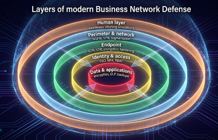 Onion diagram of 'Layers of modern Business Network Defense' showing five stacked security layers from Human (outer) to Data & applications (inner).
