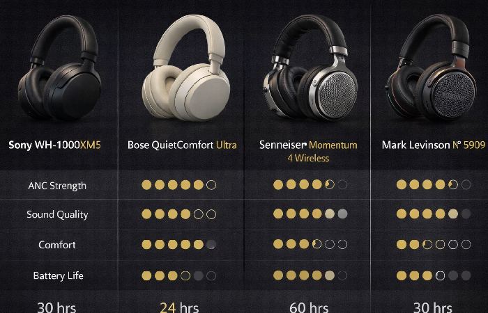Comparison of luxury wireless headphones based on noise cancellation, sound quality, comfort, and battery life