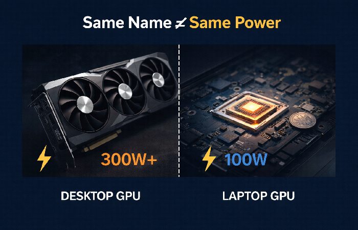 Side-by-side size comparison of a large desktop graphics card versus a small laptop graphics chip.