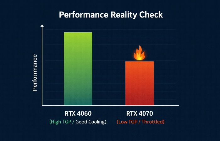 A bar chart demonstrating how a well-cooled mid-range GPU can outperform a power-limited high-end GPU.