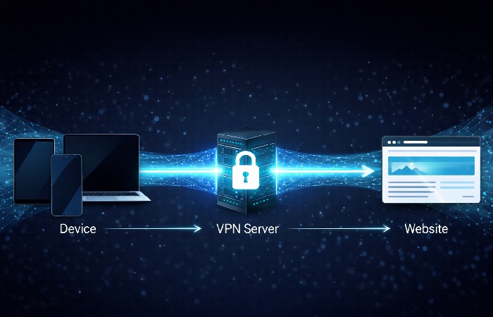 VPN data flow from device through encrypted tunnel to server