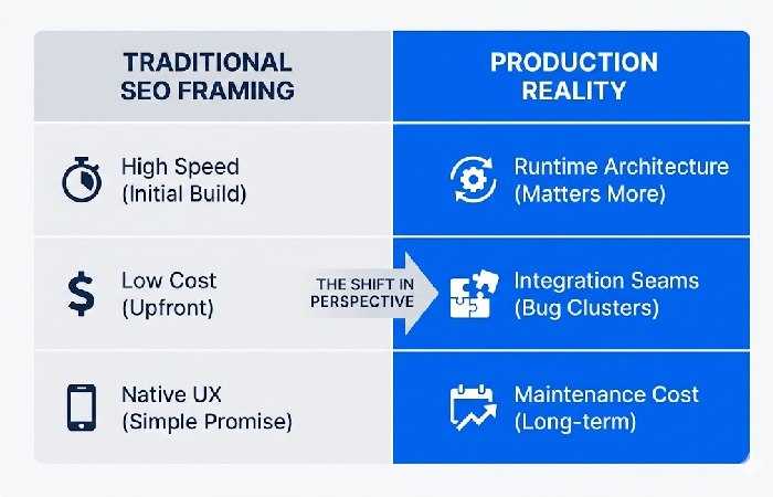 A table comparing the simplified marketing view of hybrid vs. native development against the actual production realities of maintenance and architecture.