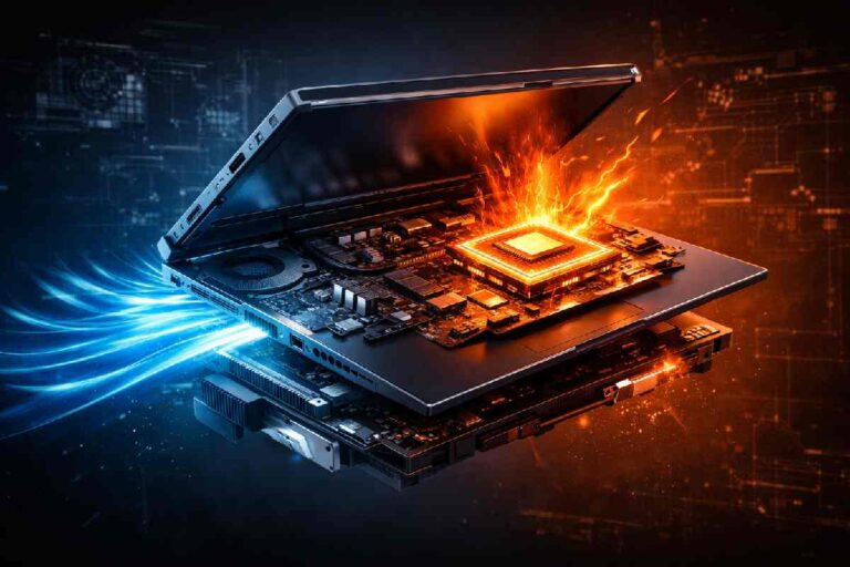 An exploded view of a gaming laptop showing the internal graphics card, heat pipes, and cooling fans.