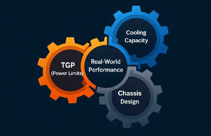 A diagram showing how Power Limits (TGP), Cooling Capacity, and Chassis Design interact to determine laptop speed.