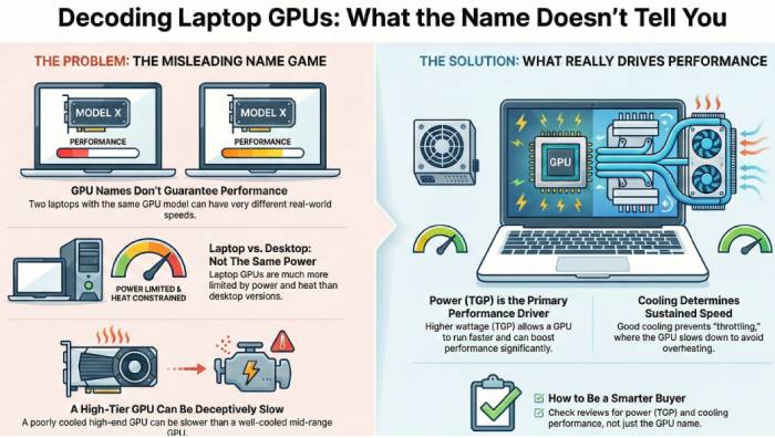 Infographic showing why laptop graphics cards with the same GPU name perform differently due to power limits, cooling, and chassis design.