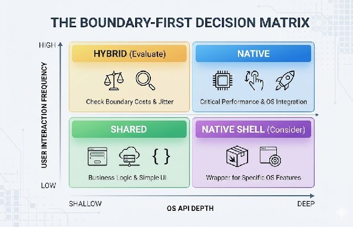 A strategic decision matrix for choosing between native and hybrid development based on interaction frequency and OS API requirements.