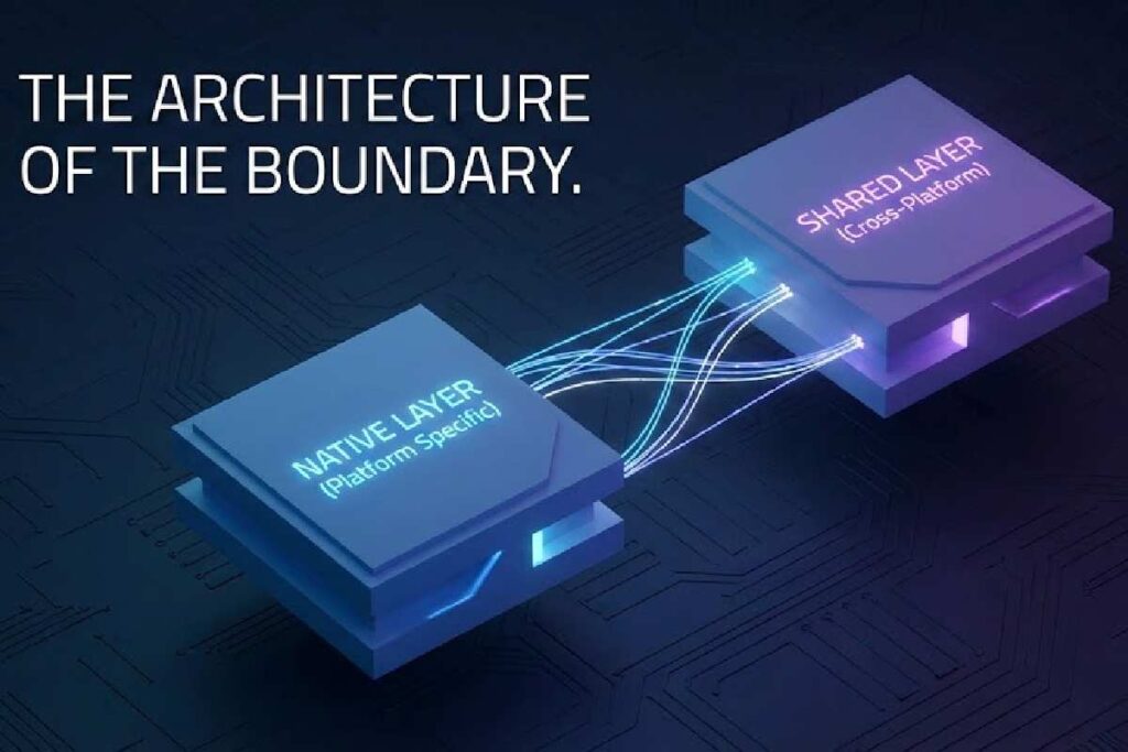 A 3D conceptual visualization of the native boundary bridge connecting shared code and platform-specific APIs in mobile app development.