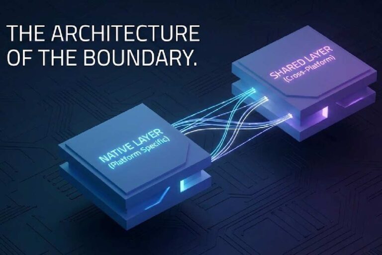 A 3D conceptual visualization of the native boundary bridge connecting shared code and platform-specific APIs in mobile app development.
