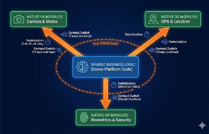 A technical flowchart illustrating how shared logic interacts with native platform APIs through architectural boundaries.