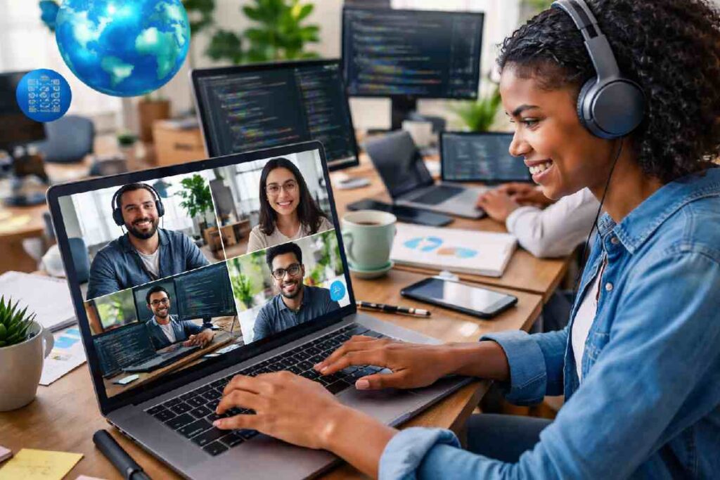 team collaborating in an online hackathon using laptops and video call