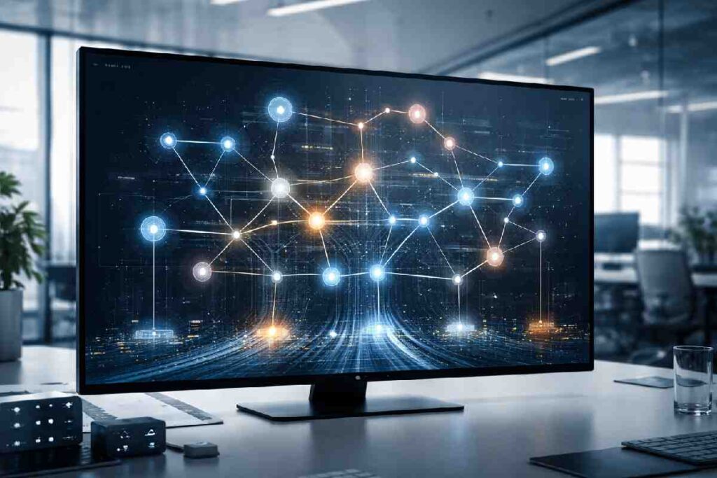 What is Process Mining? An Unbiased Enterprise Guide Enterprise analytics dashboard displaying abstract digital workflow network representing process mining.