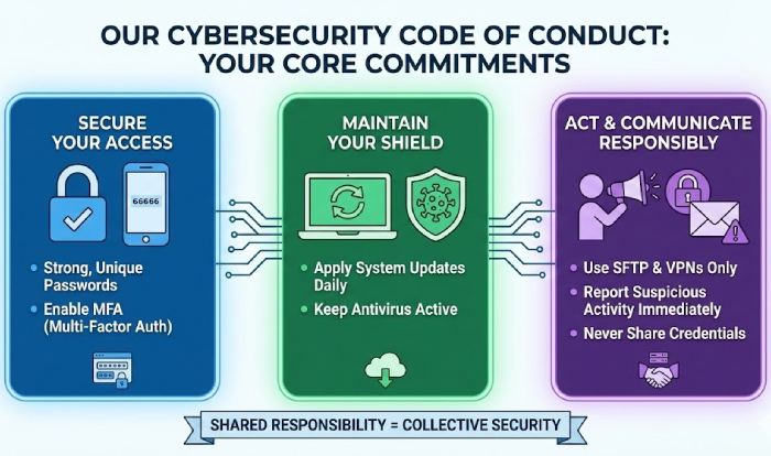 summarizing employee security commitments into three pillars_ Securing Access (MFA, passwords), Maintaining Shields (updates, antivirus), and Acting Responsibly (VPNs, reporting incidents).